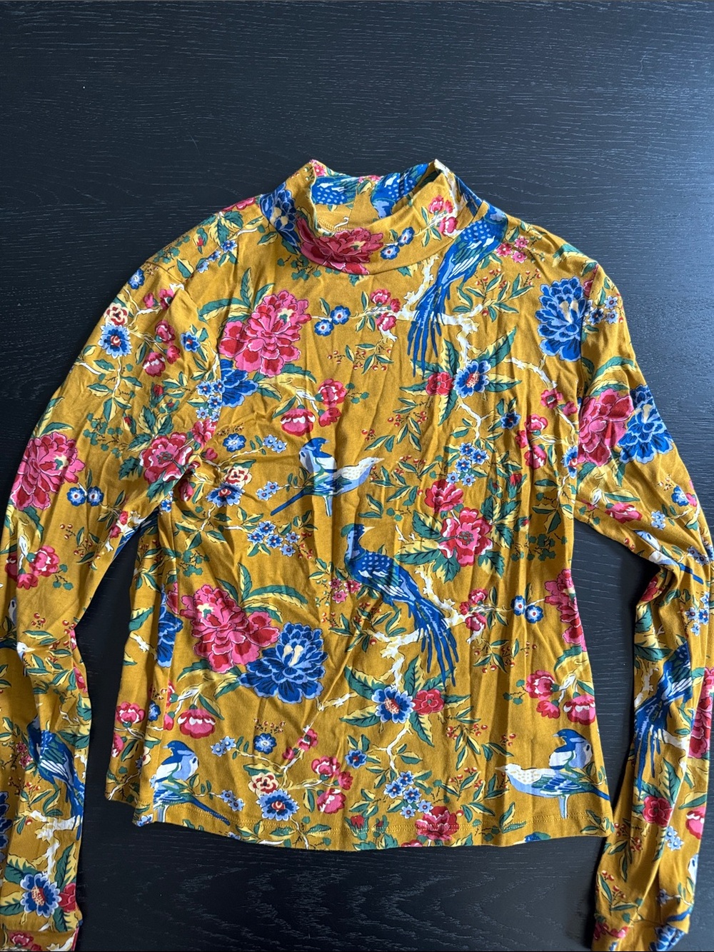 Women's Mustard Floral Long-Sleeve mock turtleneck with Blue & Pink Bird Print